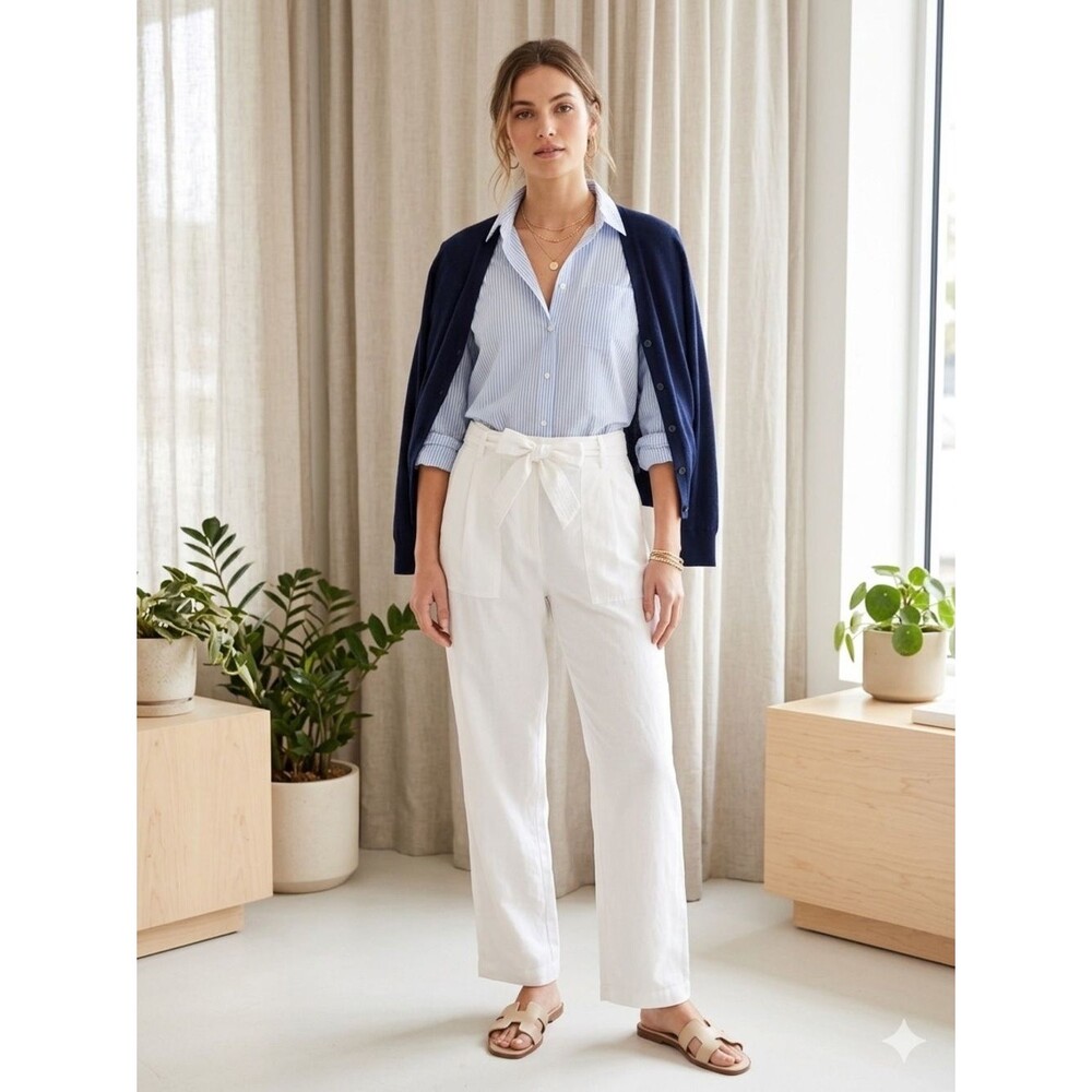 Eesome Classic High Rise Tie Waist White Tencel Trouser Pants NWT! size Medium
